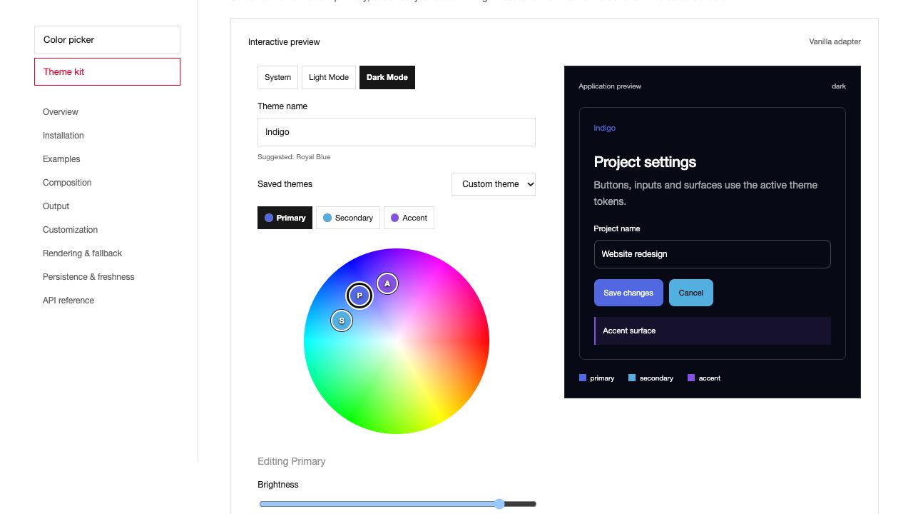 Theme generator with three color roles and a live dark preview