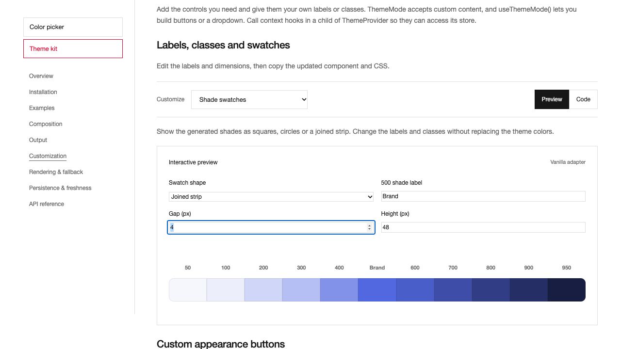 Custom shade labels and joined swatches